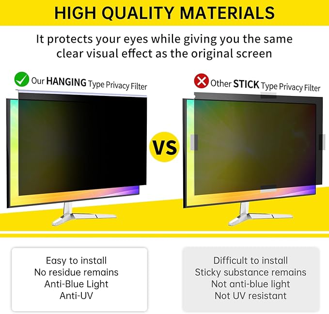 [2-Pack 24 Inch Computer Privacy Screen Filter for 16:9 Monitor, Anti-Blue Light, Anti-UV,Blue Light Blocking Removable Privacy Protector Shield Fits 23.6", 23.8", 24" Monitors