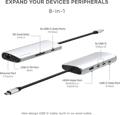 Satechi 8 in 1 USB C Hub Multiport Adapter V3, 8K HDMI, 100W Charging, 4 USB Data Ports, Ethernet, SD Card Reader, for Laptop, for Mac/Windows, MacBook Pro/Air M4/M3/M2/M1, iPad, iPhone 16 - Silver