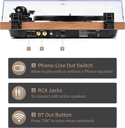 Turntable Vinyl Record Player Support Bluetooth Output Phono/Line Switch Pitch Control with Pre-Installed Counterweight & Magnetic Cartridge, Belt Drive 2 Speed