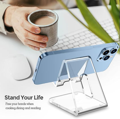 CreaDream Acrylic Cell Phone Stand, 5mm Thicker Clear Cell Phone Holder, Transparent Phone Stand for Desk, Desktop, Desk Accessories, Suitable for iPhone 14 13 Pro Max, All Smartphone 4-8inch