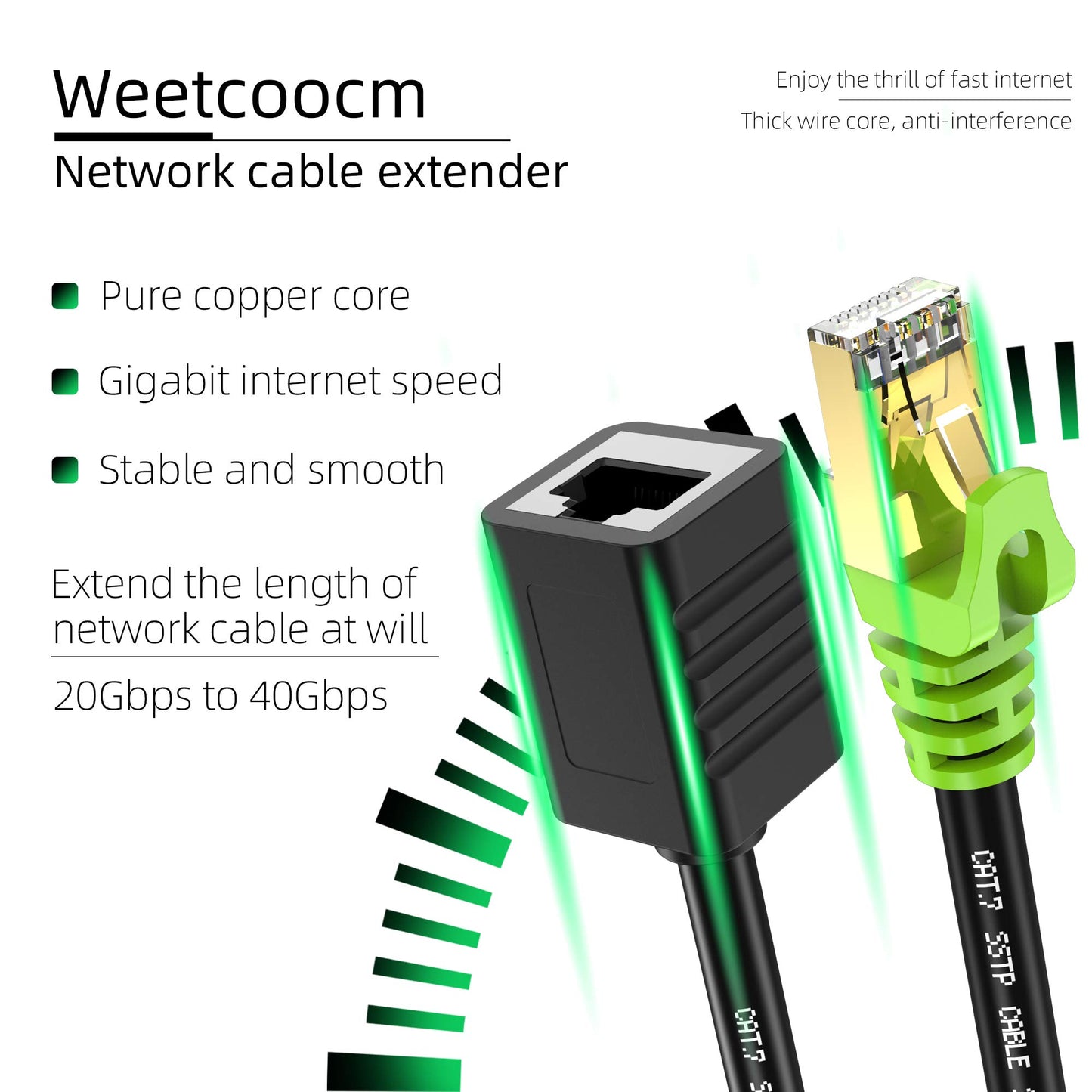 Weetcoocm Ethernet Extension Cable 3ft, Network Cat6a Extension Patch Cable RJ45 Cords Shielded Male to Female Connector (3FT)