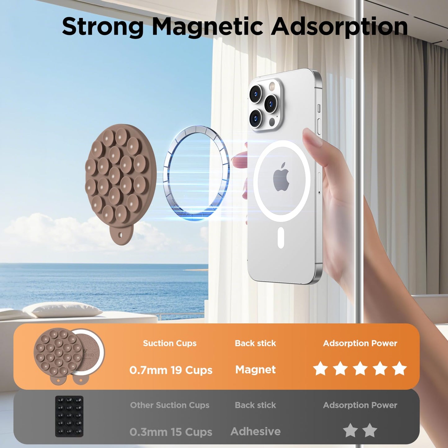 HSAOHD Magnetic Suction Cup Phone Mount with MagSafe, Silicone Hands-Free Grip Holder for iPhone Case and Android, Mirror Shower Phone Stand for Makeup FaceTime Gym Kitchen Bathroom, Light Brown