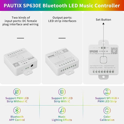 PAUTIX 12-in-1 Bluetooth LED Music Controller Addressable SP630E,Full Color Controller iOS/Andriod App Control Support Almost All LED Strip Lights CCT/RGB/RGBW/WW/RGBCCT,Matrix Panel(Without Battery)