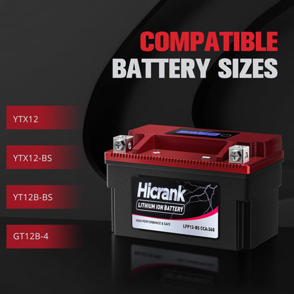 Hicrank YTX12-BS 12V 6Ah,360CCA LiFePO4 Lithium Motorcycle Battery,Powersports Battery for Honda KTM Yamaha Harley Fit ATV, UTV, Motocross, Lawn Mower, Jet Ski, Polaris