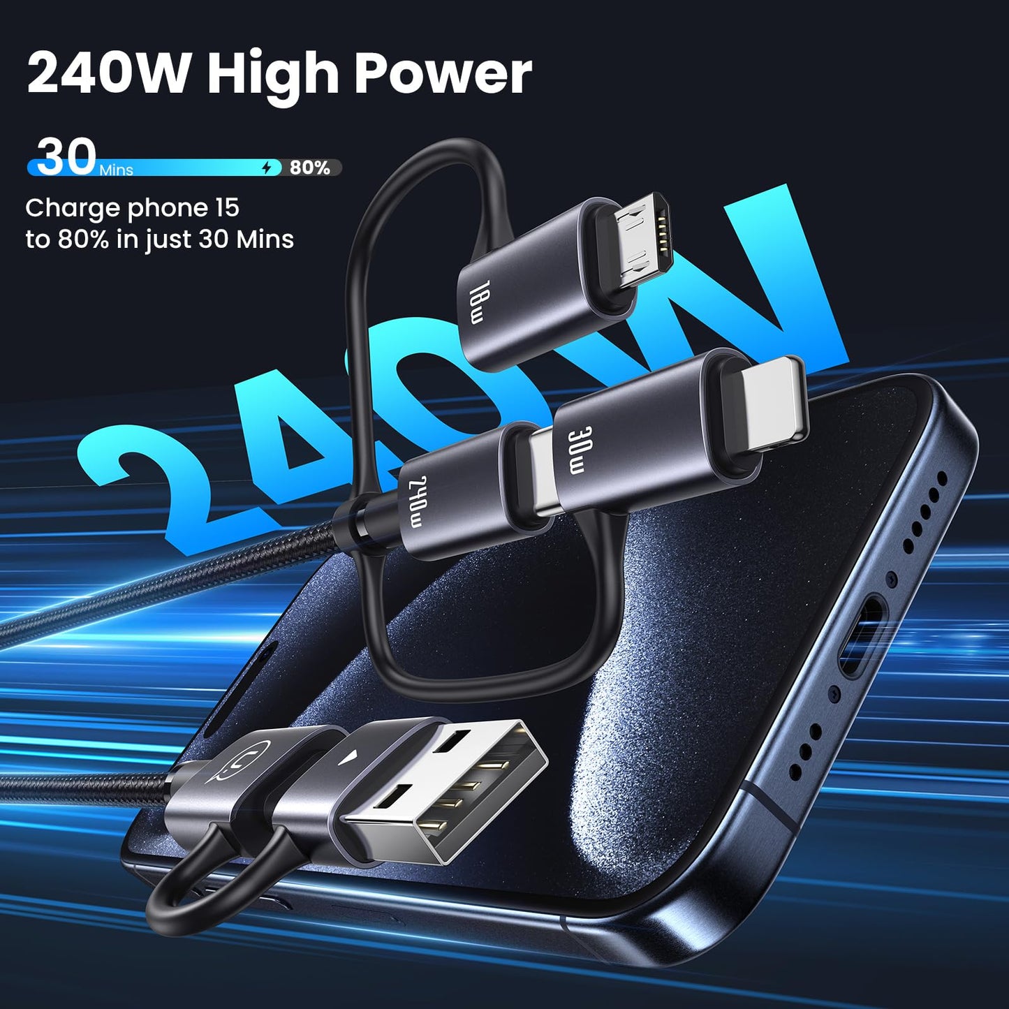 YOUSAMS 240W Multi Charging Cable, 4ft 6-in-1 USB C Cable Fast Charging Cords with USB-C/A Ports to IP/Type C/Micro Connectors for Pad/Cell Phones/Tablets/Laptop