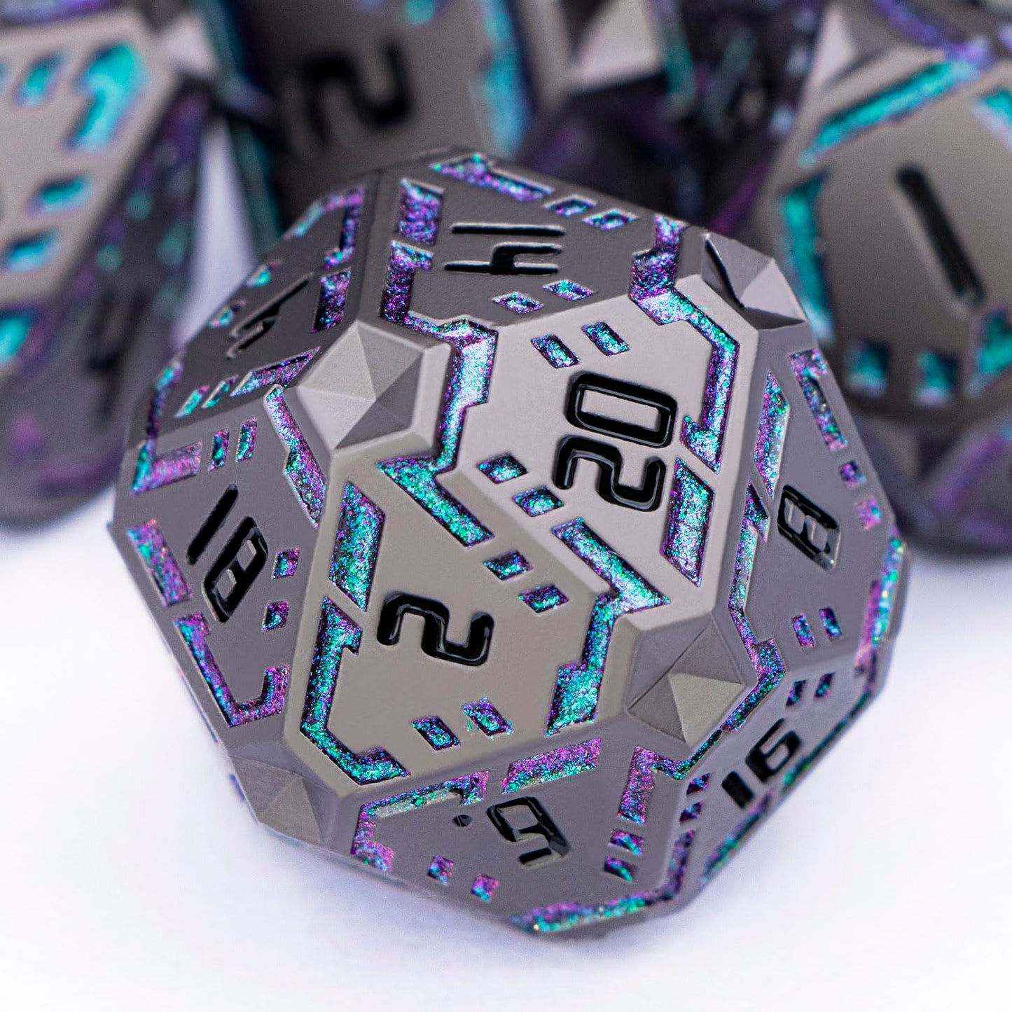 OGCOPHEN Metal DND Sci-fi Dice Set 7PCS Stripe Polyhedral Dice for Dungeons Dragons RPG Role Playing Game, Glitter D and D Dice with Gift Box D6 D8 D10 D12 D20 (Black&Green Purple)