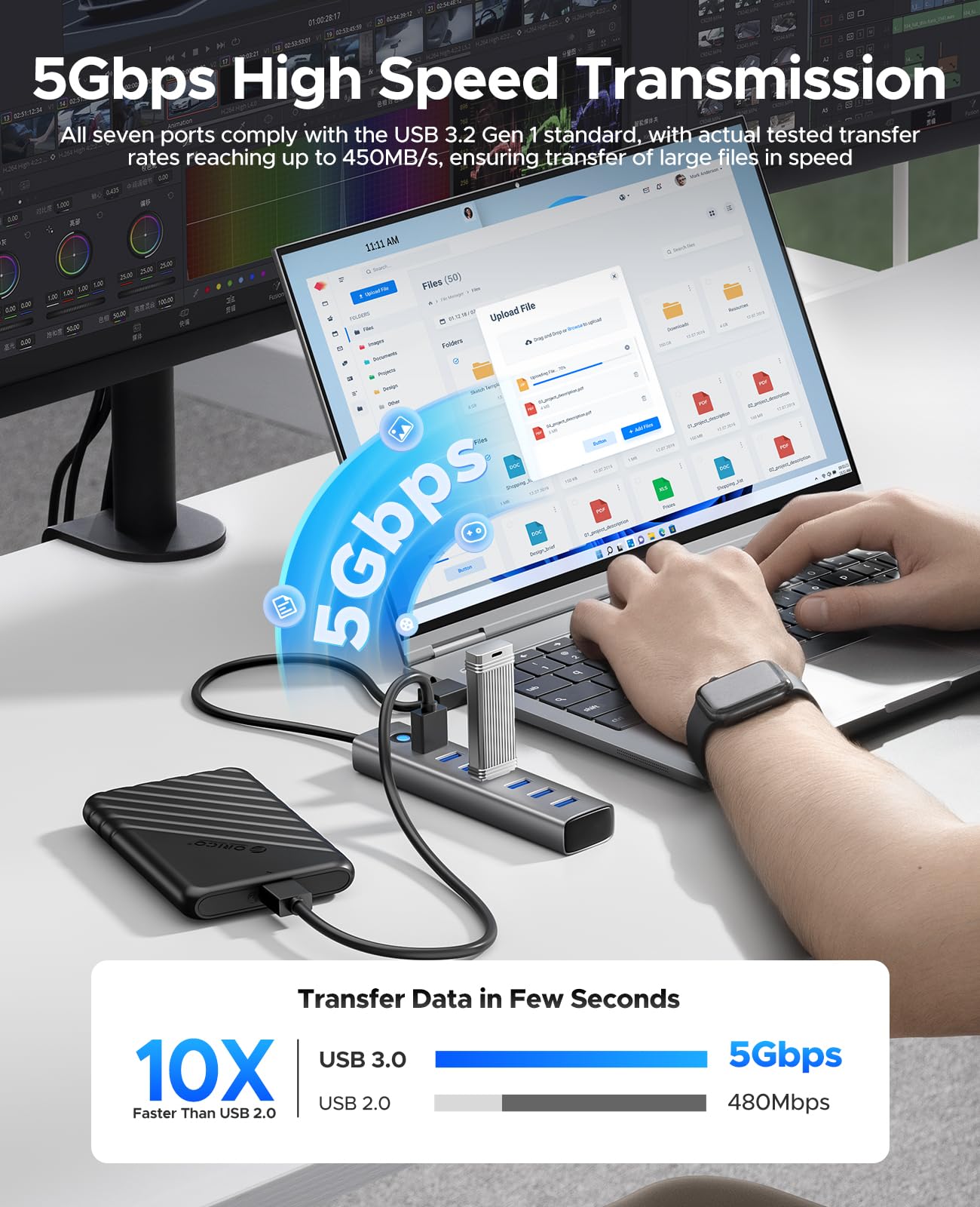 ORICO 7-Port USB 3.0 Hub, Aluminum USB Multiple Adapter, 5Gbps USB Extender USB Splitter with 1.64Ft Cable, UBS-A Hub Long Cable for Desktop, PC, Flash Drive, Mobile HDD, Windows/XPS