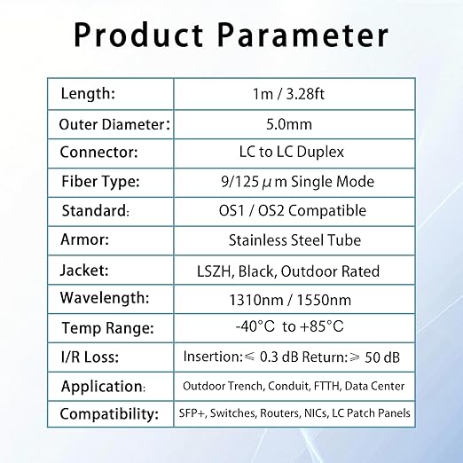1M/3FT LC to LC Armored Outdoor Fiber Optic Cable, Single Mode Duplex 9/125μm SMF Fiber Patch Cord, OS1/OS2 Compatible, Black LSZH Jacket, Uniboot Jumper for FTTH, Data Center, Long-Distance Use