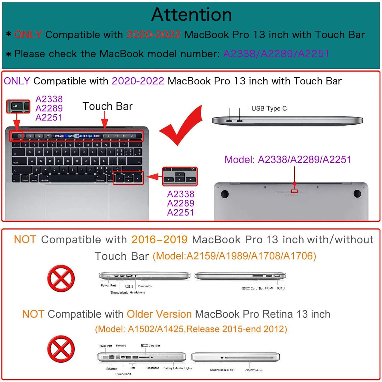 Teryeefi for MacBook Pro 13 inch Case 2024,2022-2016 Release Model M2 M1 A2338 A2289 A2251 A2159 A1989 A1706 with Touch Bar, Design Hard Shell Cover with Keyboard Cover Scren Protector, Bows-A