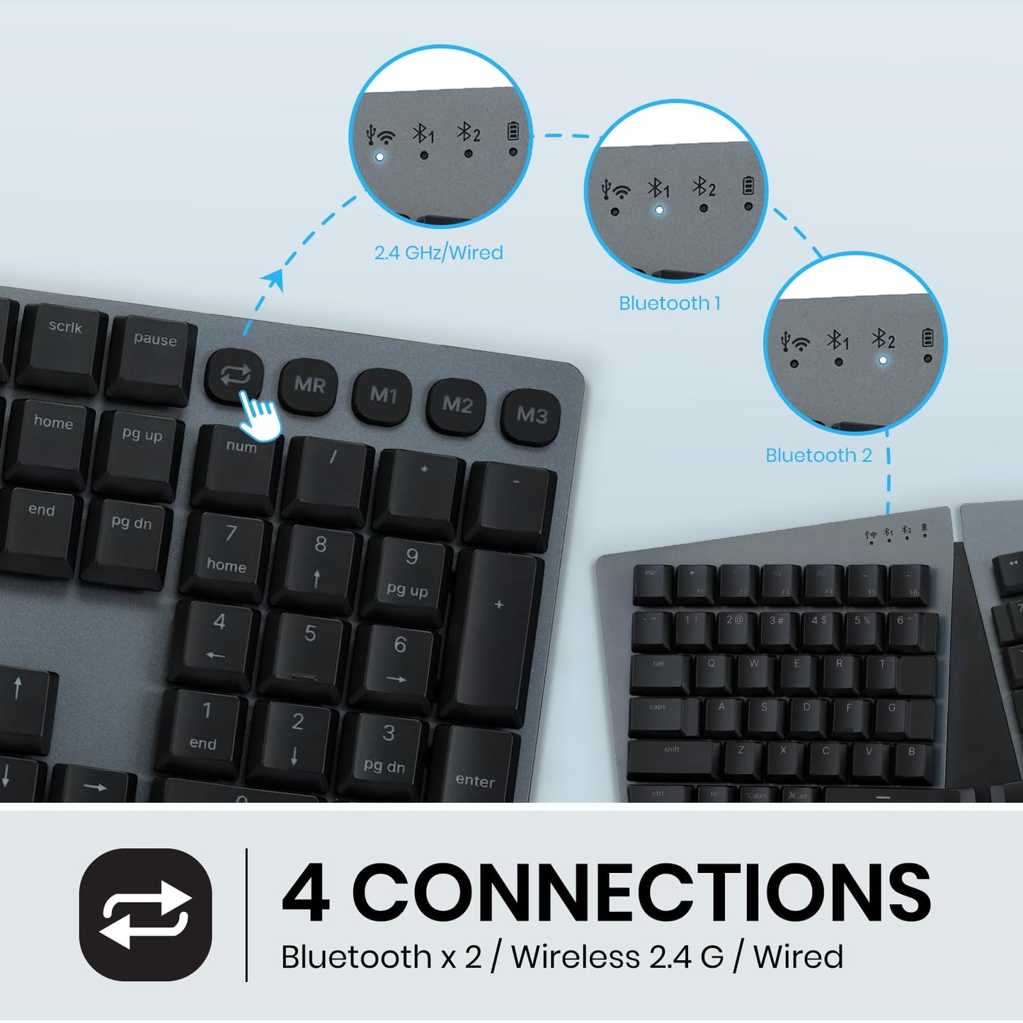 Perixx PERIBOARD-835BL Wireless Ergonomic Mechanical Keyboard - RGB Backlit - Low-Profile Blue Clicky Switches - Multi-Device Connection - Compatible with Windows and Mac OS X - US English