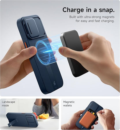 SURITCH for iPhone 15 Pro Case with Magnetic Camera Slide Cover and Adjustable Kickstand, Compatible with MagSafe, Shockproof Bumper Case Slim Protective Cover 6.1 Inch, Blue