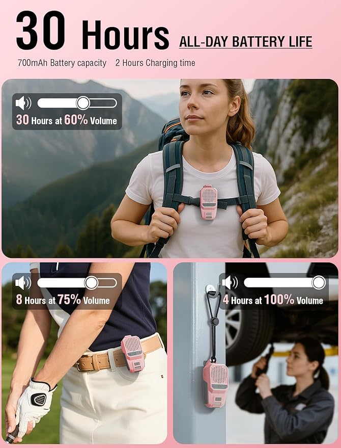 GBEAST Wearable Bluetooth Speaker with RGB, IPX6 Waterproof Clip-On Portable Speaker with 30H Playtime - Built-in Mic Hands-Free for Jobsite/Outdoor/Golf, TWS Portable Speakers（Pink）