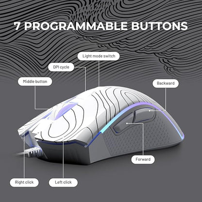 XVX G705 Wired Gaming Mouse, 12000 DPI RGB Gaming Mouse with 12 Backlit Modes & 7 Macro Buttons, PC Gaming Mice Support DIY Keybinding, Mouse Gamer Computer Mouse for Laptop PC Mac Windows,Topographic