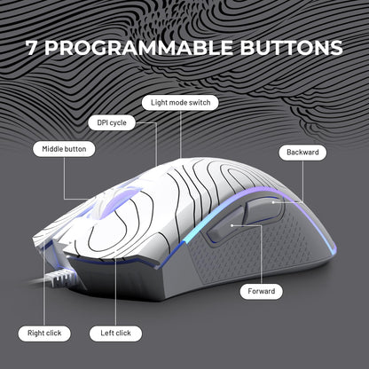 XVX G705 Wired Gaming Mouse, 12000 DPI RGB Gaming Mouse with 12 Backlit Modes & 7 Macro Buttons, PC Gaming Mice Support DIY Keybinding, Mouse Gamer Computer Mouse for Laptop PC Mac Windows,Topographic