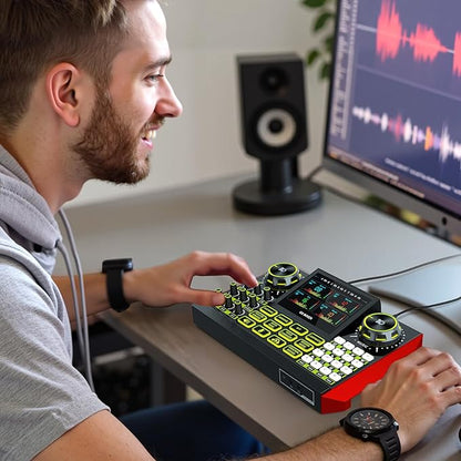 Audio mixer, suitable for live streaming, singing, and gaming on computers/phones; podcast mixer with real-time sound card, noise reduction function, and one-click mute function