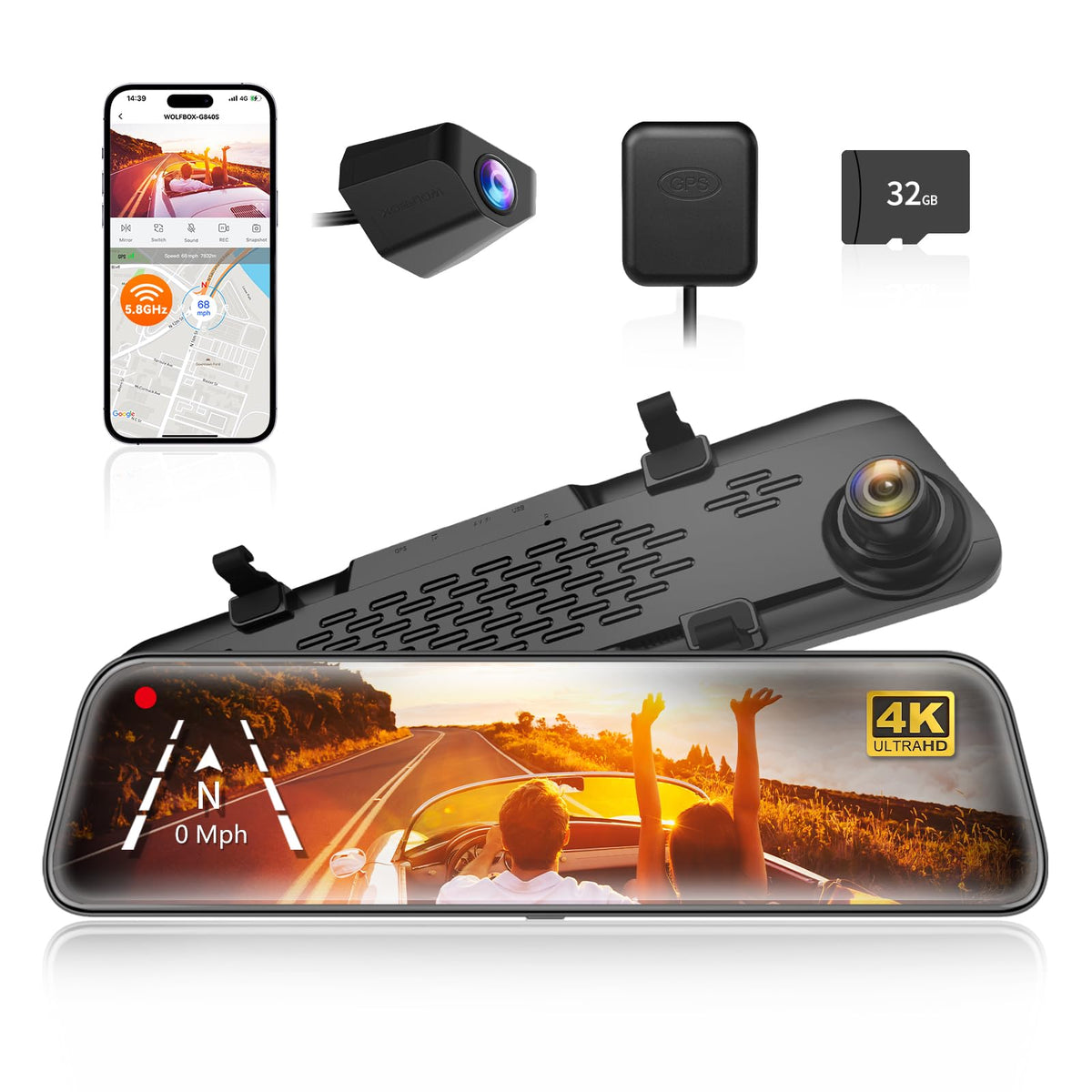 WOLFBOX G840S 12" 4K Mirror Dash Cam Backup Camera with 32GB Card and GPS