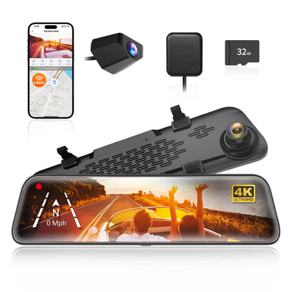 WOLFBOX G840S 12" 4K Mirror Dash Cam Backup Camera with 32GB Card and GPS