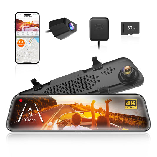 WOLFBOX G840S 12" 4K Mirror Dash Cam Backup Camera with 32GB Card and GPS