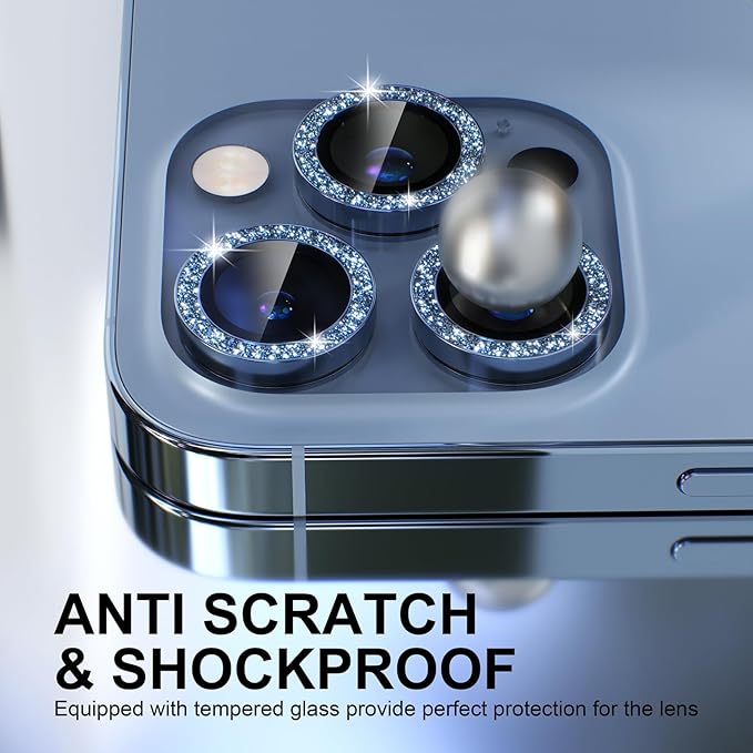 Choiche [3+1 for iPhone 13 Pro/iPhone 13 Pro Max Camera Lens Protector Bling, 9H Tempered Glass Camera Cover Screen Protector Metal Ring Decoration Accessories (Glitter-Sierra Blue)