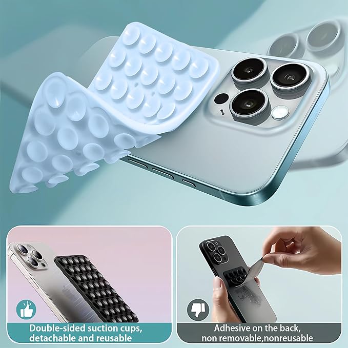Silicone Double-Sided Suction Phone Grip Detachable Mount - Car Dashboard/Shower Phone Holder, Hands-Free for Selfies & Videos, ASMR- iPhone & Android Compatible (Large, Black+White)