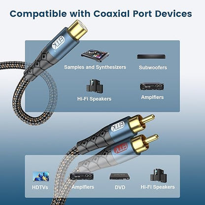 EMK RCA Splitter 2 Male to Female Extension Cable Dual Shielding Gold Plated Nylon Braided RCA Splitter 1 Female to 2 Male Cord Adapter 1ft/30CM