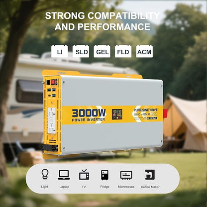XWJNE 3000W Pure Sine Wave Power Inverter 12V DC to 120V GFCI AC Converter with LCD Display and Remote for Home, RV, Truck, Off-Grid Solar Power