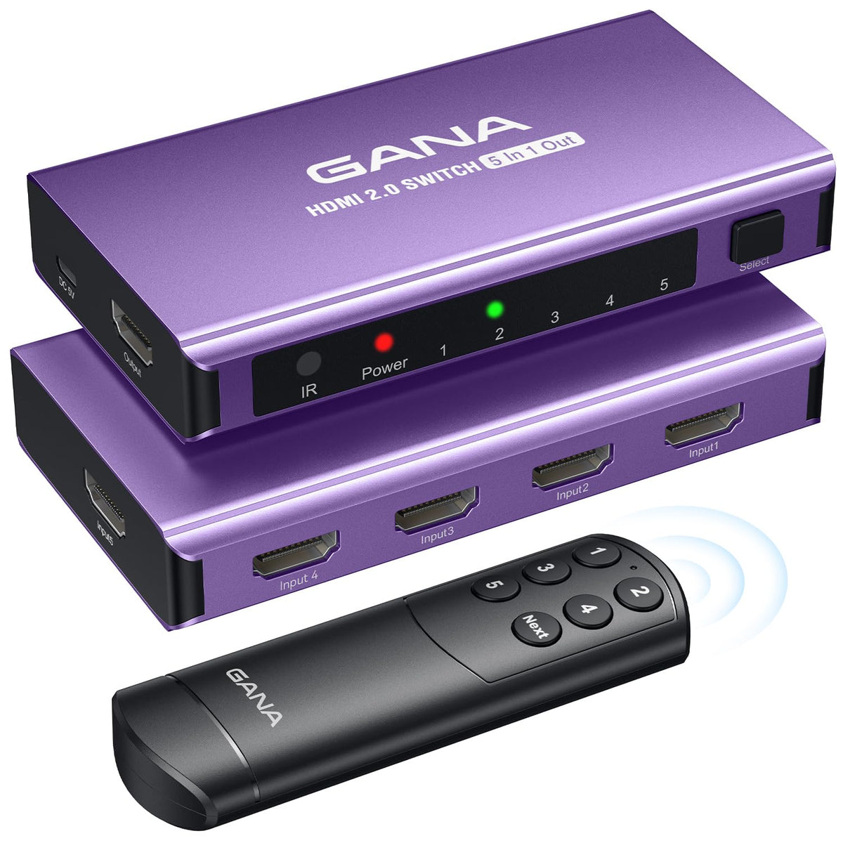 HDMI Switch 5 in 1 Out 4K@60Hz, GANA HDMI Splitter Switcher with Remote, Aluminum HDMI 2.0 Switch Box Hub for 3D, HDCP2.2, HDR, Compatible with Xbox, PS5/4/3,Fire Stick,Roku,Blu-Ray Player, Green