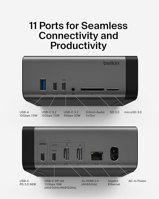 Belkin USB-C Hub, 11-in-1 Pro GaN Dock 150W, Multi-Port Docking Station w/USB-C, USB-A, Ethernet, SD, MicroSD, 3.5mm Port, 4K HDMI Ports for Triple Monitor Display - Compatible w/MacBook Pro & More