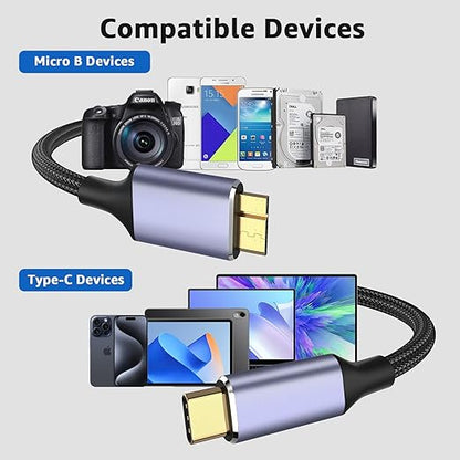 USB 3.1 Micro B to USB C Hard Drive Cables, 6FT 10 Gbps USB C to Micro B, External Hard Drive Cable Compatible with MacBook Pro/Air, iPad/Tablet, iPhone, Samsung Galaxy S24, WD Seagate etc