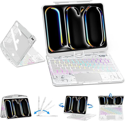 SIBEITU Keyboard Case for iPad Pro 11 Inch (M5 2025 / M4 2024), 360 Rotatable iPad Pro 11 Clear Cover with Multi-Touch Trackpad, 7-Color Backlight & 3 Brightness, High-Tech Visible PCB Design, White