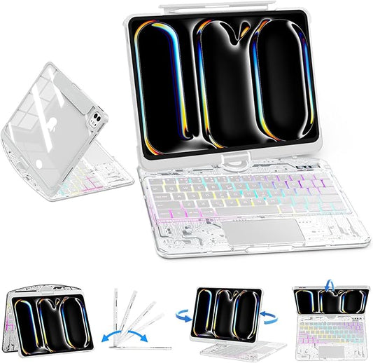 SIBEITU Keyboard Case for iPad Pro 11 Inch (M5 2025 / M4 2024), 360 Rotatable iPad Pro 11 Clear Cover with Multi-Touch Trackpad, 7-Color Backlight & 3 Brightness, High-Tech Visible PCB Design, White