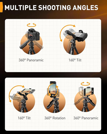 Perlegear Camera Tripod, 60″ Portable and Height-Adjustable, Travel Tripod with 13.2 lbs Max Load, Phone Camera Stand Heavy Duty for Video Recording, PGIPE01