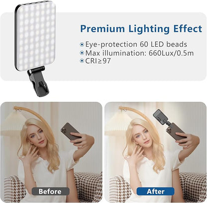 60 LED Portable Selfie Light Video Conference Lighting with Clip & Camera Tripod Adapter Rechargeable 2200mAh CRI 97+, 3 Light Modes for Phone iPhone Webcam Laptop Photo Makeup