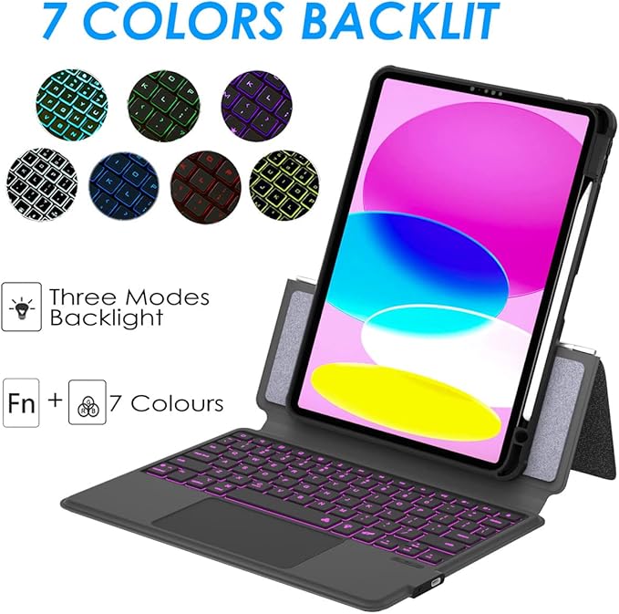 Keyboard Case for iPad 10th 10.9" 2022,iPad 11" A16 11th 2025-7 Color Backlight,Touchpad Detachable Slim Cover with Pencil Holder (Black)