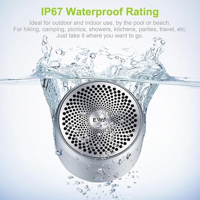 Travel Case Packed, Wireless Mini Bluetooth Speaker with Custom Bass Radiator. EWA A106, Small But Loud, The Next Generation of Portable Speakers for Home, Outdoors, Shower (Silver)1.89* 1.57 inches