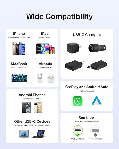 Belkin USB C to USB C Cable 2-Pack, 9.9ft, 60W - Type C Charger, iPhone Charger Cord, Soft, Braided, Flexible for iPhone 16, Galaxy S25, Pixel 9, Airpods, iPad Pro & More, Travel Essentials - Blue