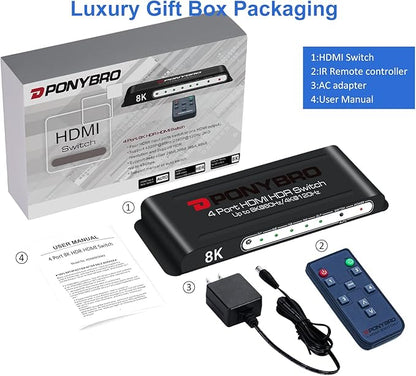 HDMI Switch 8K 4 Port – HDMI 2.1 48Gbps Auto-Switching, 8K@60Hz/4K@120Hz, HDR10+/Dolby Vision, for PS5/Xbox/PC/Apple TV, Zero Latency with Remote