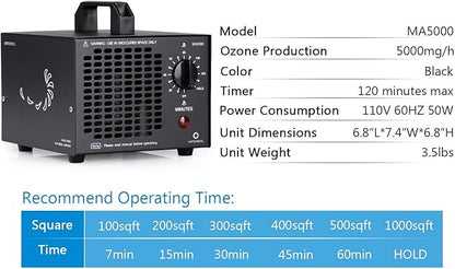 Airthereal MA5000 Commercial Ozone Generator, High Capacity Ozone Machine Odor Removal - Home Air Ionizers O3 Deodorizer for Rooms, Smoke, Cars and Pets, Eliminate Odors up to 2000sq.ft., Black