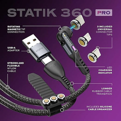 Statik 360 Pro Magnetic Charging Cable - Type C Charger Fast Charging 3 in 1 USB C to USB C Cable, Micro USB & iProduct Tips, USB A Adapter, Fits All Devices - 100W Fast Charger, Black 3FT/1M, 3 Pack
