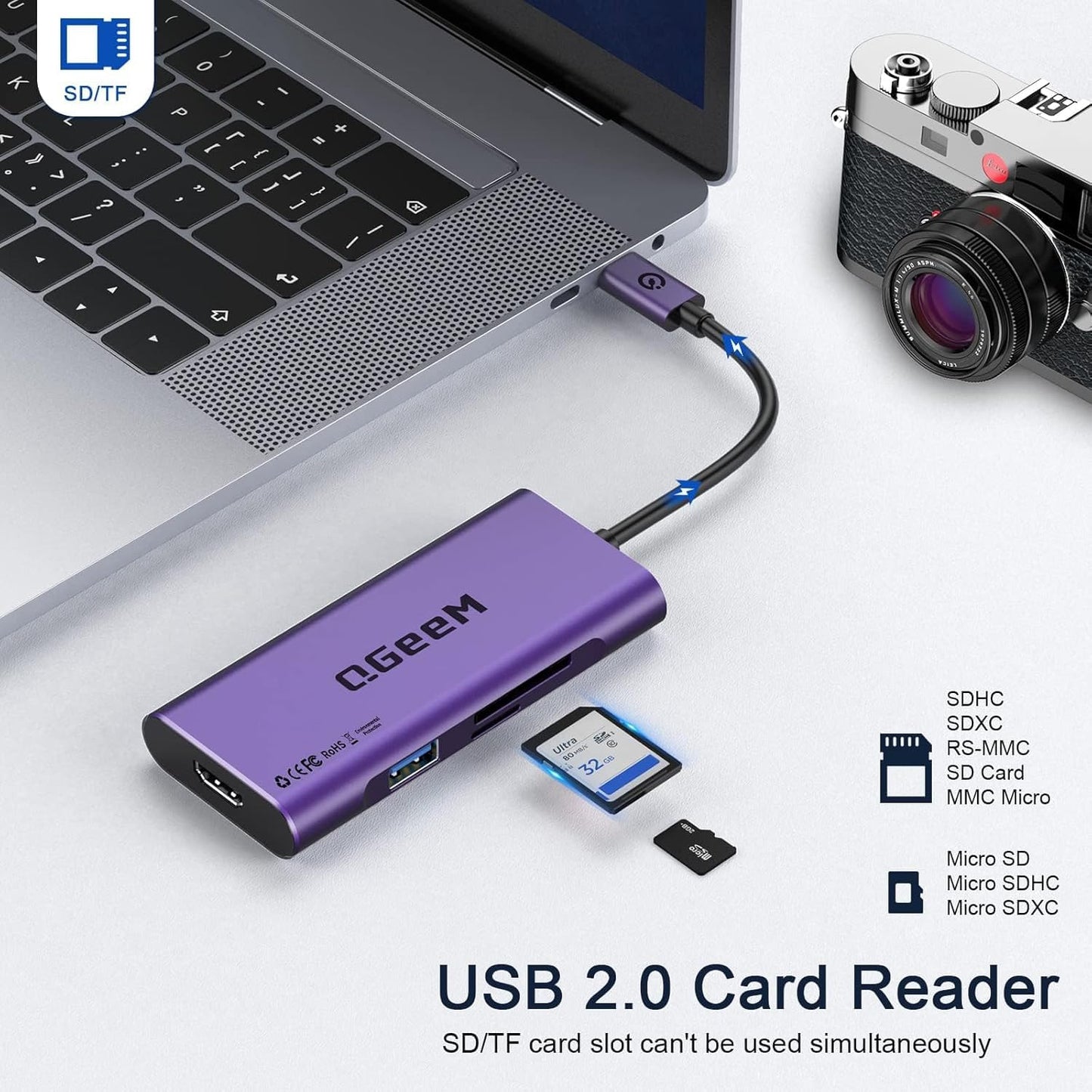 USB C Hub, QGeeM USB 4k to HDMI Adapter, 7 in 1 USB-C Dongle with 100W PD,USB 3.0, Card Reader, Compatible for MacBook iPhone 15/17 Ipad Pro max,Chromebook Laptop USB Type C Dock-Purple