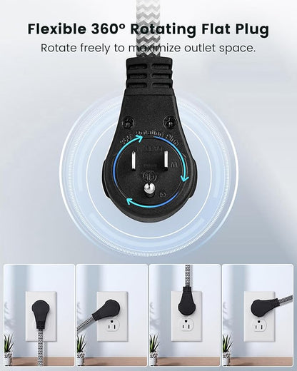 SURAIELEC 10FT 360° Rotating Flat Plug Extension Cord Flat Wall Plug with 3 Outlets, Braided Flat Black Extension Cord for Indoor Use, Small Space, 16/3C SPT, ETL Listed