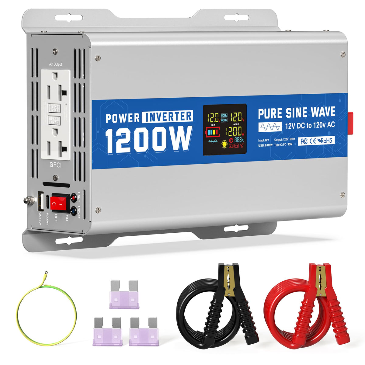 ASMONTRIC 3000W Pure Sine Wave Power Inverter 12V DC to 120V AC Converter 6000 Watt Peak Power Multi-Display Screen with 2 GFCI Outlet 30W USB and 18W Type-C for Car RV Truck Boat Off-Grid, Gray Blue