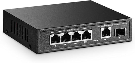 6 Port Mini Gigabit PoE Switch with 4 PoE+ Port, 1 Gigaibt RJ45 Uplink, 1 Gigabit SFP, IEEE802.3af/at, Max 65W, YuLinca Metal Fanless Plug & Play Ethernet Switch