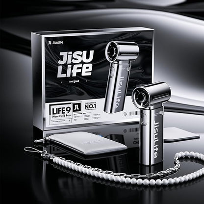 JISULIFE Portable Handheld Fan Life9, Turbo Power High Speed Air [18H Max Cooling Time], 5 Gear Wind, 5000mAh Rechargeable, Mini Pocket Design, Personal Fan for Travel Concerts Camping Makeup - Chrome