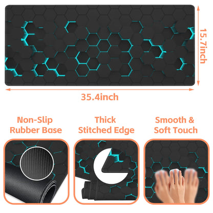 NIYLYNSYN Mouse Pad Large Abstract Hexagonal Neon Non-Slip Game Desk Mat with Stitched Edge Laptop Keyboard Desk Pad for Work Home Gaming (35.4 x 15.7 Inches)