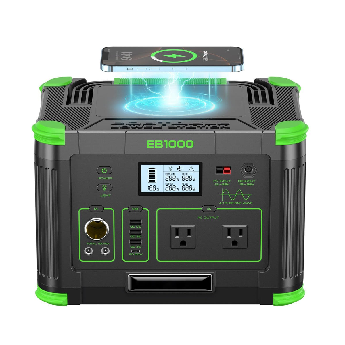 Portable Power Station 1000W (Peak 2000W) for Home Backup & Off-Grid