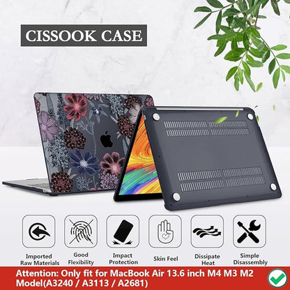 CISSOOK Compatible with MacBook Air 13.6 inch Case 2022 2023 2024 2025 Model A2681 A3113 A3240, Plastic Hard Case with Keyboard Cover Screen Protector Type C Adapter, Texture Flowers