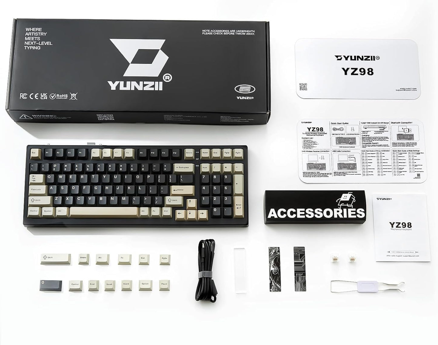 YUNZII YZ98 Gasket Mechanical Keyboard,99 Key Hot Swappable BT5.0/2.4G/USB-C Wireless NKRO 98% 1800 Layout with RGB LED Backlit for Linux/Win/Mac(Black, Cocoa Cream V2 Switch)