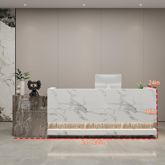 Front Desk Reception Counter - Lockable Storage & Keyboard Tray | Reception Desk with Counter, Customizable Large Counter Table (Grey+White, 104'')