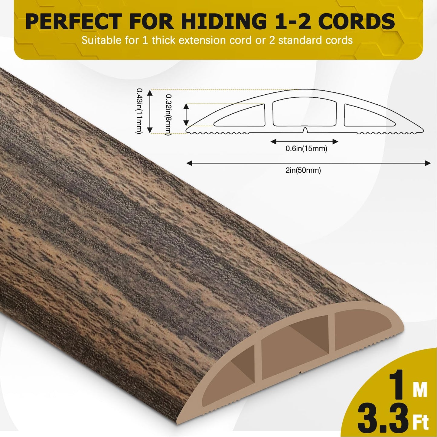 JAHOMFAI Floor Cord Cover 3.3FT Cord Covers for Wires on Floor Protect Wires & Prevent Trip Hazards, Easy to Cut for Home, Office, School, Concerts, Cavity W0.6in x H0.32in